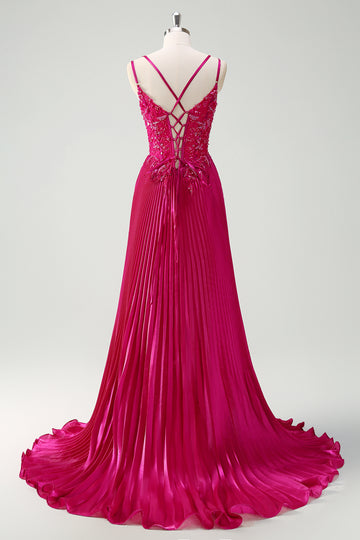 Fuchsia Sheath Spaghetti Straps Pleated Long Corset Prom Dress with Appliques